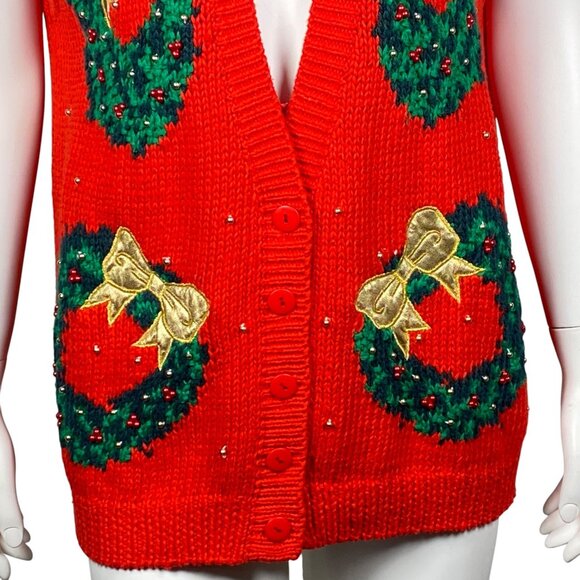 Vintage Westbound Hand Knit Cardigan Sweater Vest Size L Christmas Wreaths - Picture 2 of 7